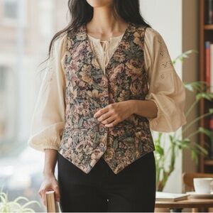Karen Kane | Vintage Floral Tapestry Button Down Vest - CottageCore-Renaissance